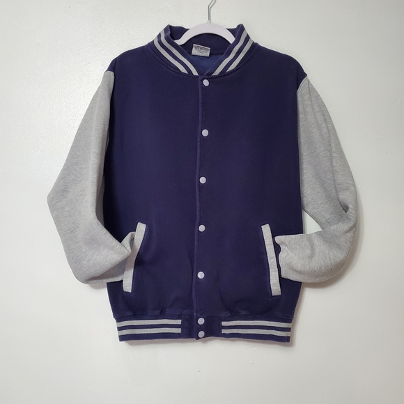 Navy Blue Varsity Jacket for Men with Grey Sleeves - Picture 2 of 9